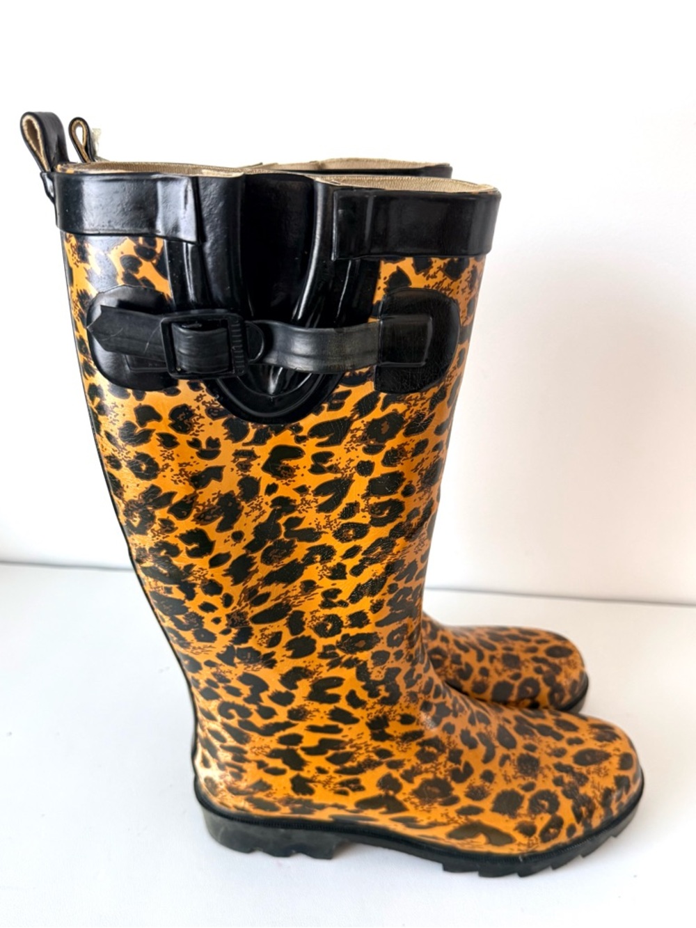 Capelli New York Ladies Shiny Leopard Print Tall Rain Boots Adjustable Calf 6 - Picture 5 of 11